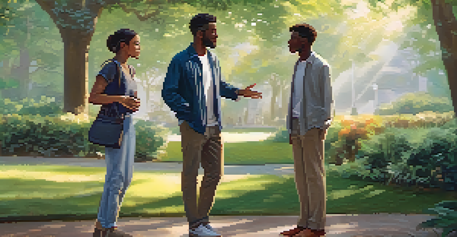 A supportive friend intervening calmly in an argument between two people in a sunny park, surrounded by greenery.