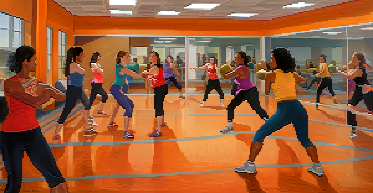 A group of women practicing self-defense techniques in a gym, showing teamwork and confidence.
