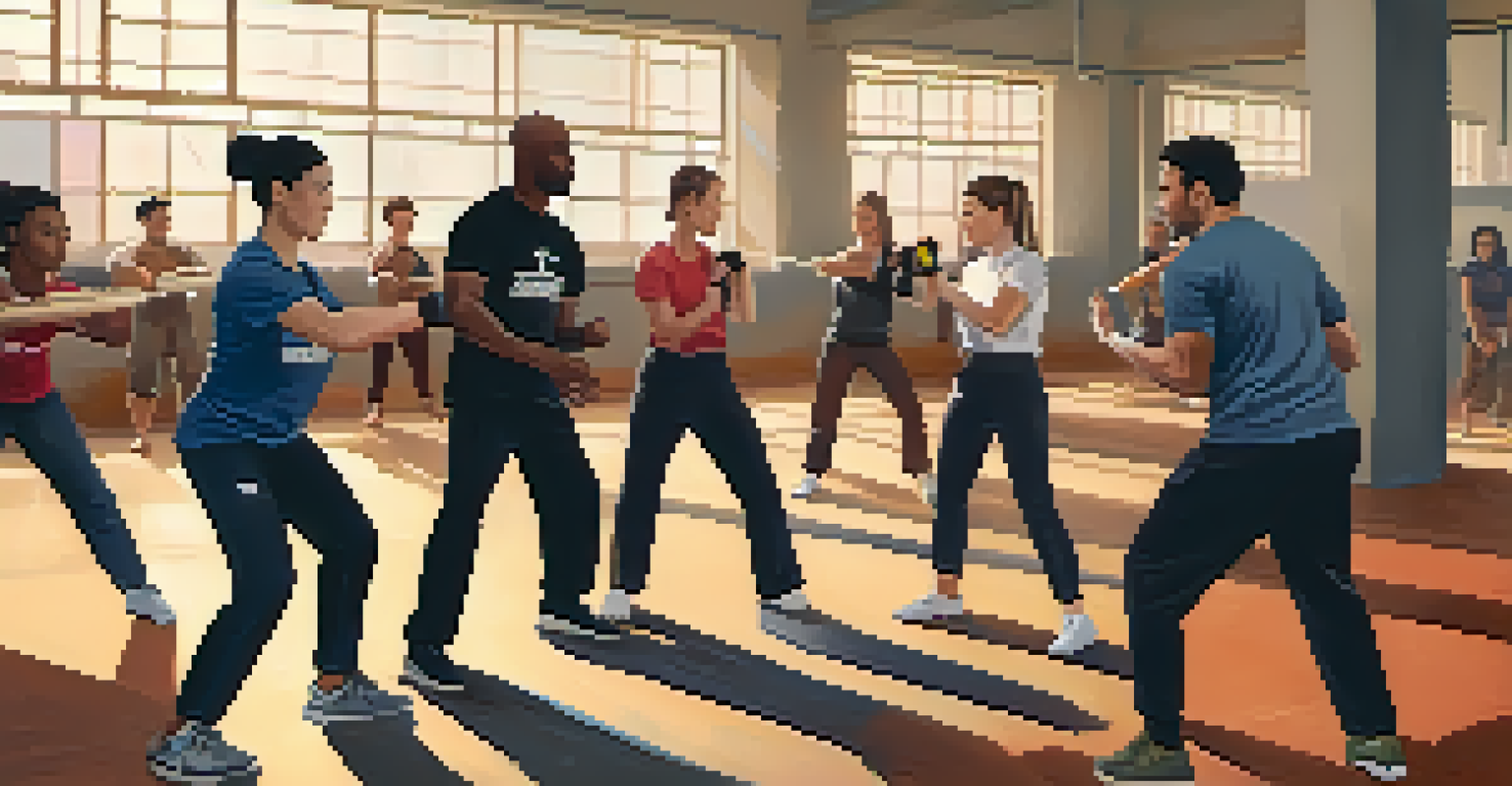 A diverse group practicing self-defense techniques in a gym, led by an instructor, with mats and posters around.