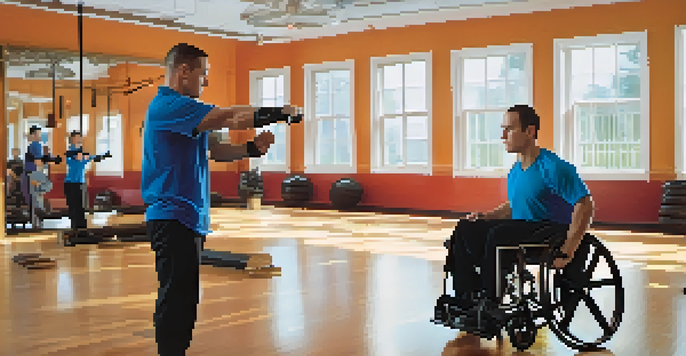 A person in a wheelchair practicing self-defense techniques in a gym, showcasing focus and determination.