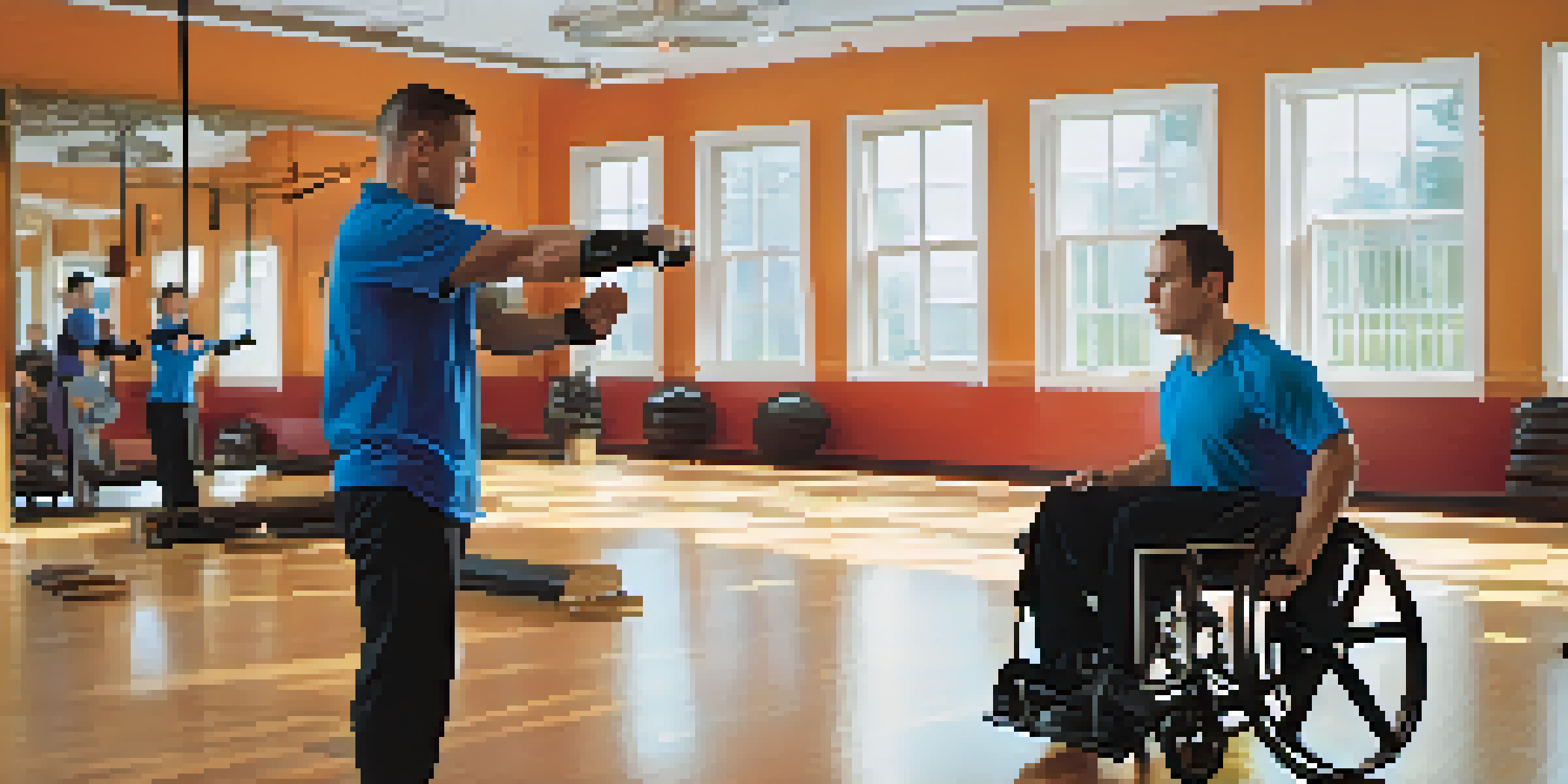 A person in a wheelchair practicing self-defense techniques in a gym, showcasing focus and determination.