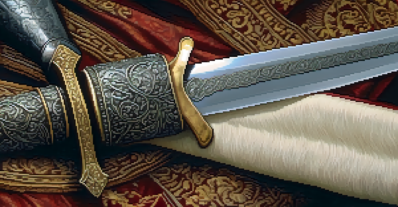 Close-up of a knight's gauntlet holding a sword, with a tapestry backdrop.
