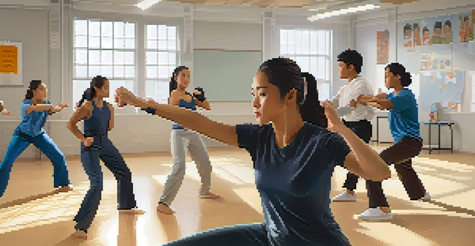 A classroom scene with students practicing self-defense techniques under the guidance of an instructor, showcasing diversity and a positive learning environment.