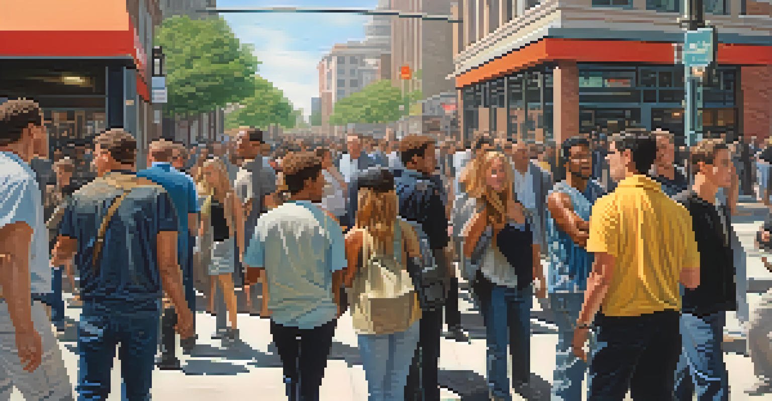 A group of friends practicing situational awareness in a busy urban setting, observing their surroundings with focused expressions amidst pedestrians and shops.
