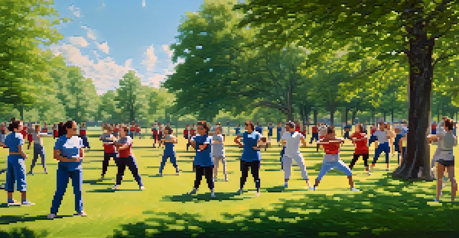 A female instructor demonstrating self-defense techniques to a group of women in a sunny park surrounded by greenery.