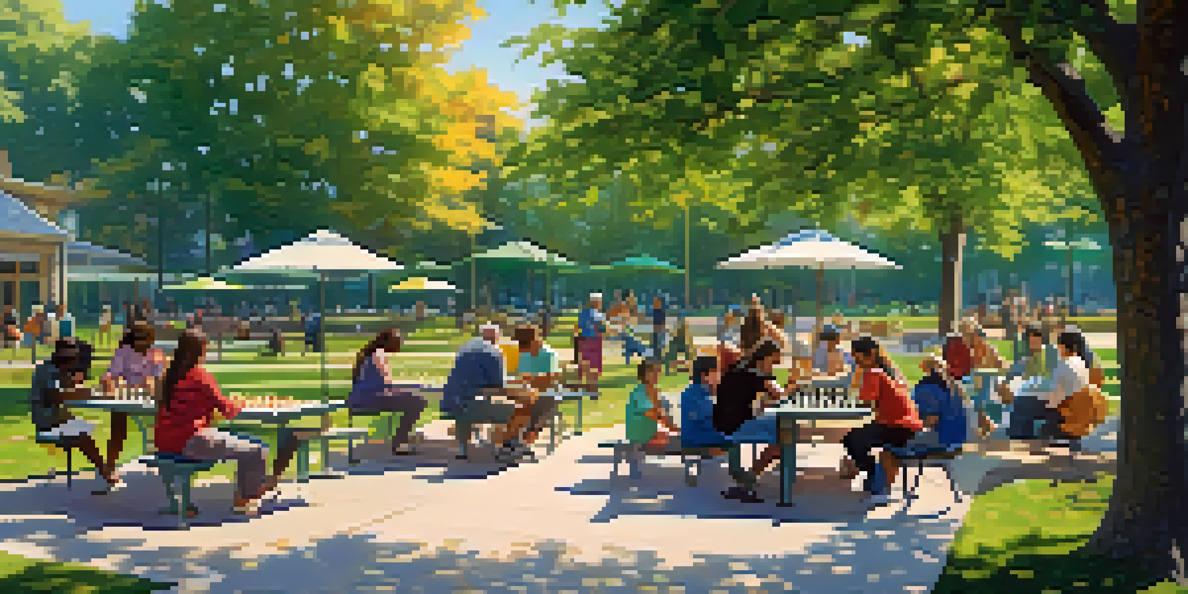 A community park with people of different ages and backgrounds enjoying various activities in a vibrant, green setting.
