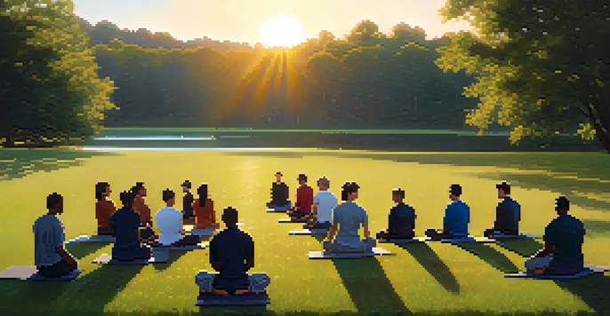 A group of diverse individuals practicing self-defense techniques outdoors during sunrise, with trees and a lake in the background.