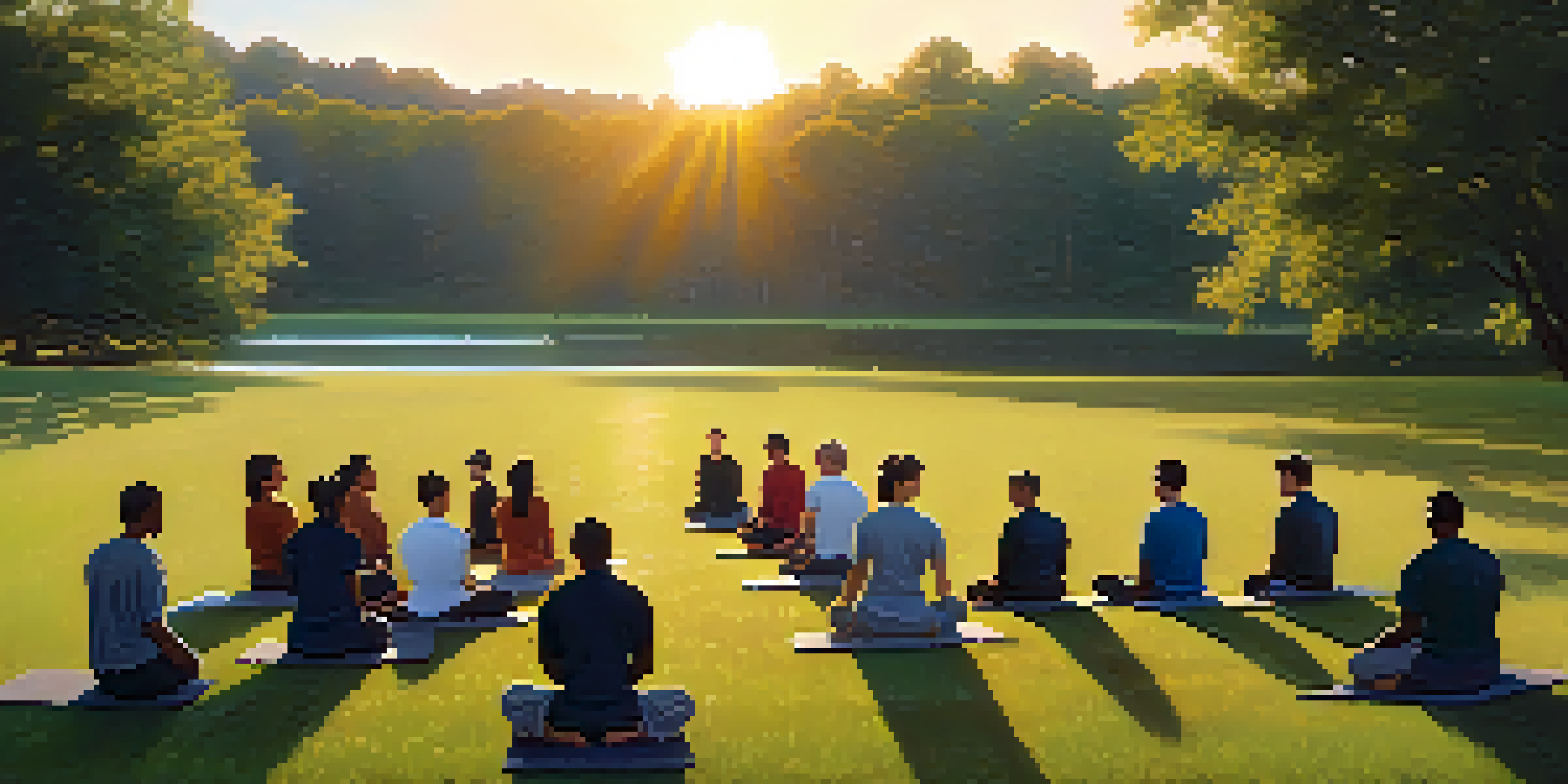 A group of diverse individuals practicing self-defense techniques outdoors during sunrise, with trees and a lake in the background.