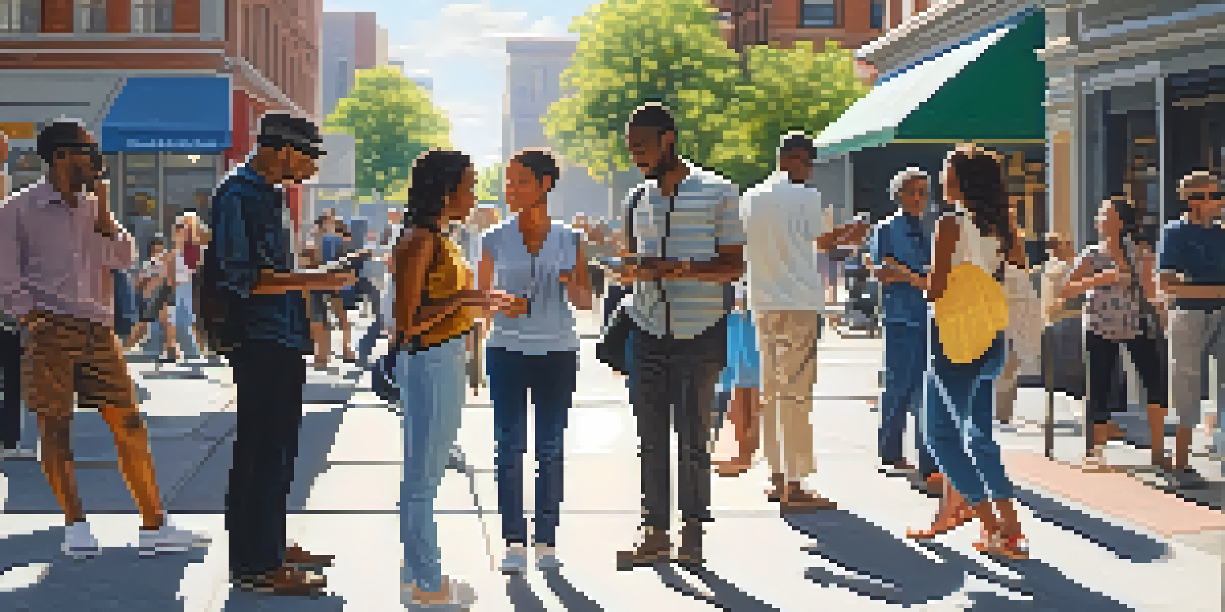 A bustling city street filled with pedestrians, some distracted by their phones and others engaged in conversation, under bright sunlight.