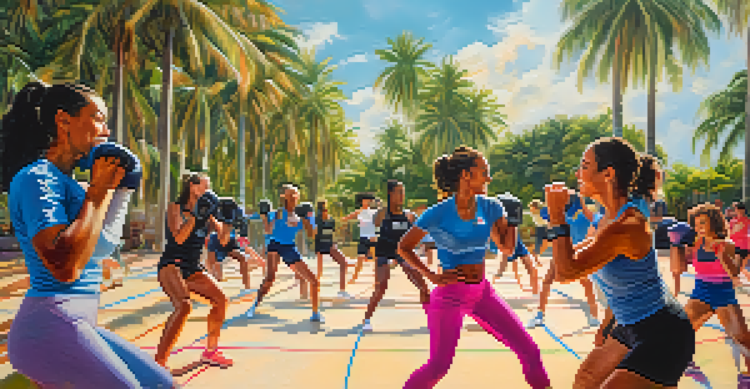 Women engaged in a lively outdoor self-defense workshop in Miami, practicing techniques with bright colors and a sunny backdrop.