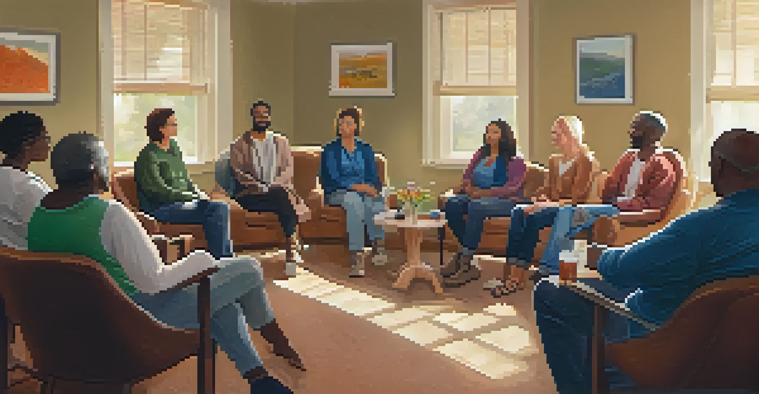 A community support group meeting in a cozy, warmly lit room, where individuals are sharing their experiences in a supportive environment.