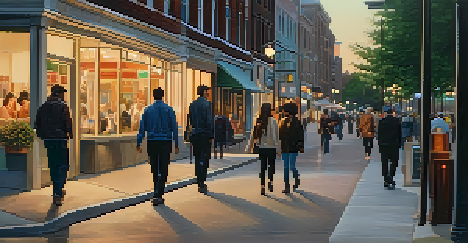A diverse group of people walking confidently on a well-lit urban street at dusk.