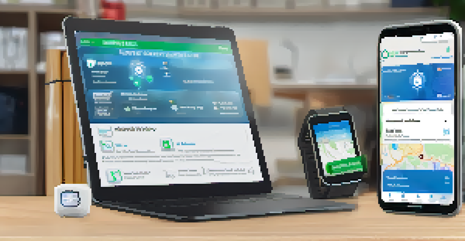 A smartphone showing an emergency preparedness app with weather alerts, placed on a desk with a laptop and emergency supplies.