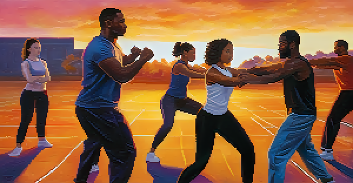 A diverse group of individuals in a self-defense class outdoors, practicing techniques with a supportive instructor in a warm sunset setting.