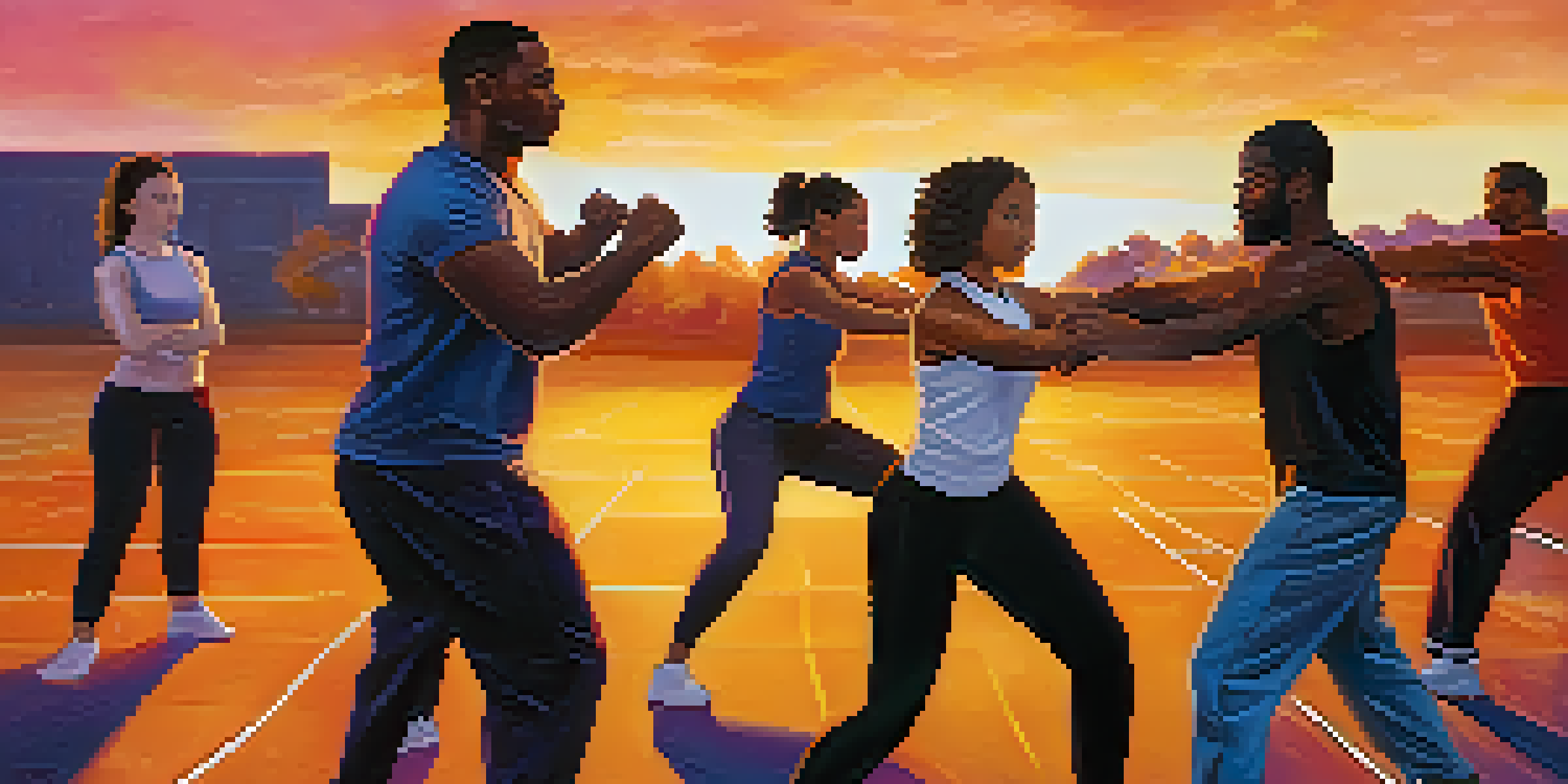 A diverse group of individuals in a self-defense class outdoors, practicing techniques with a supportive instructor in a warm sunset setting.