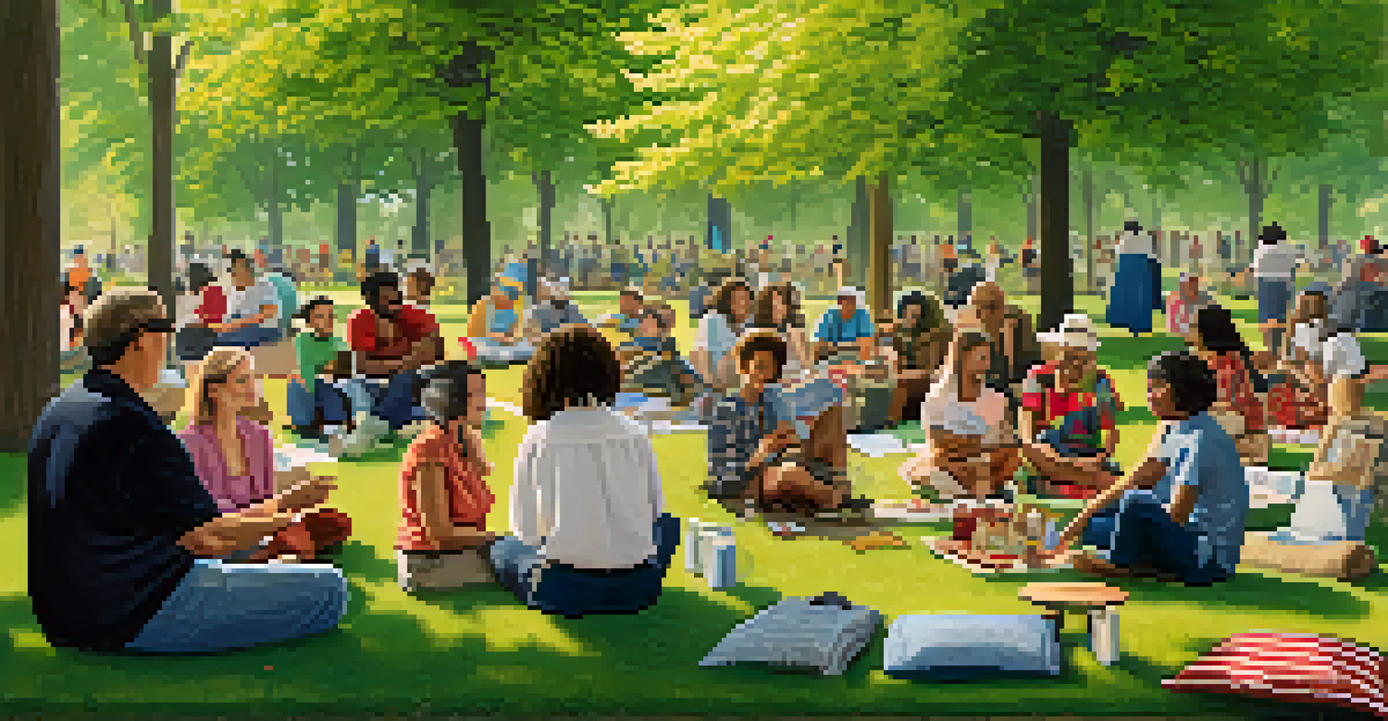 A community gathering in a park with people of various ages discussing empathy, surrounded by flowers and trees.