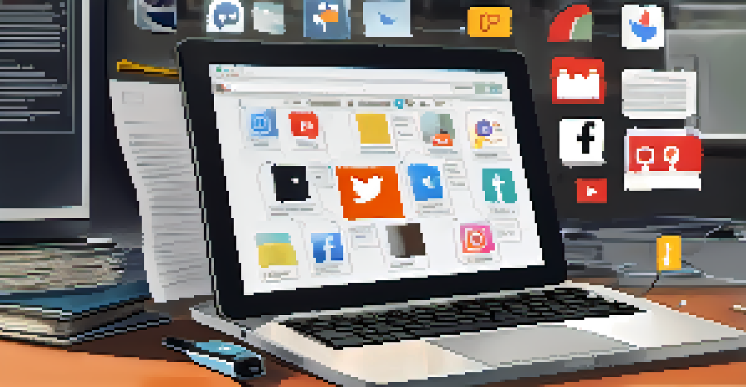 A computer screen displaying social media icons with a highlighted 'Report' button, surrounded by evidence collection symbols.