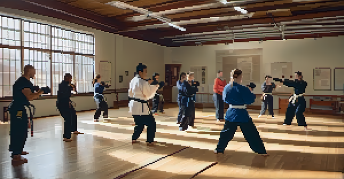 A group of people of different backgrounds participating in a self-defense class, showcasing their techniques in a well-lit dojo.