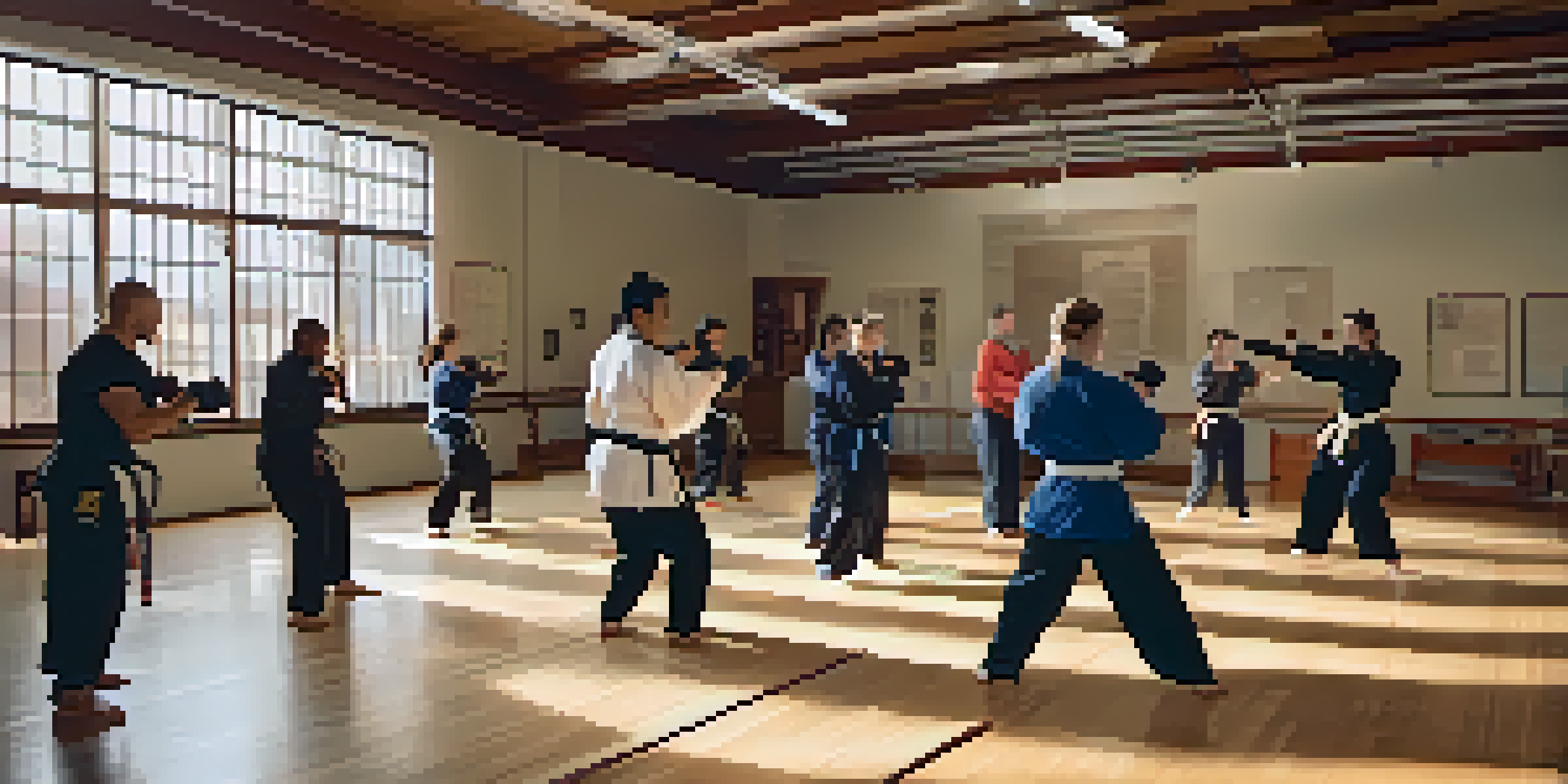 A group of people of different backgrounds participating in a self-defense class, showcasing their techniques in a well-lit dojo.
