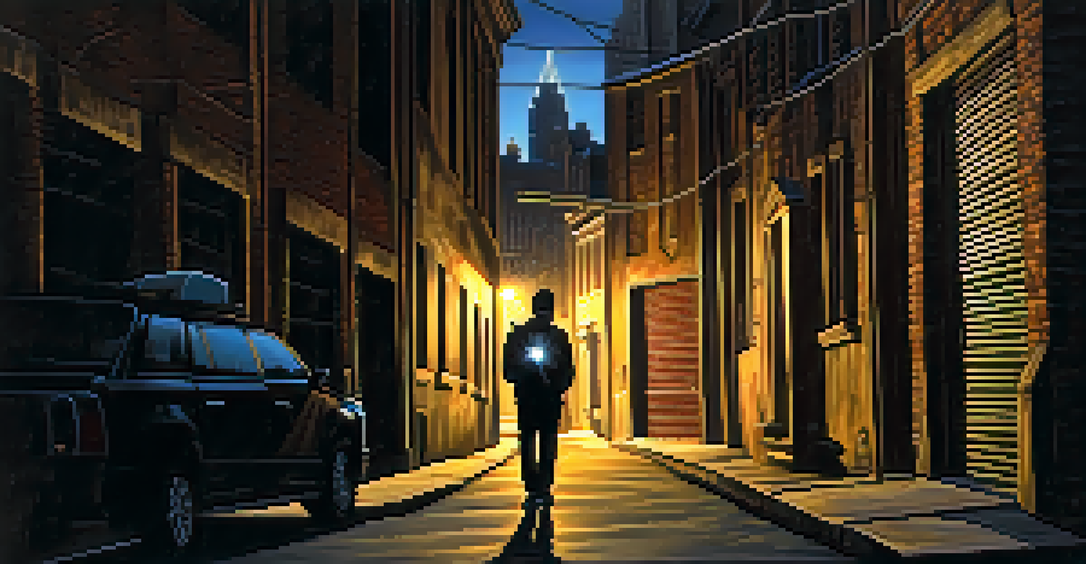 A traveler holding a tactical flashlight in a dark alleyway, with a powerful beam of light illuminating the path ahead against a blurred city skyline at twilight.