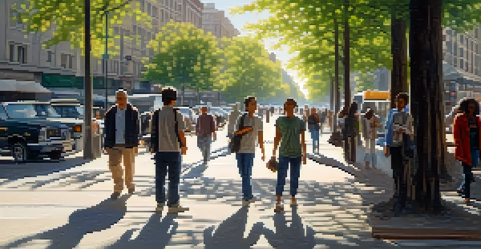 A person practicing mindfulness in a busy street, surrounded by blurred pedestrians, with sunlight filtering through trees.