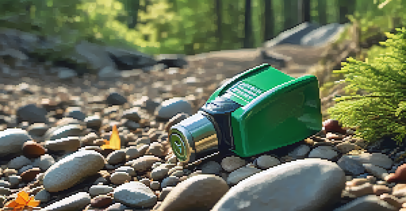 A metallic emergency whistle on a rocky surface in a natural hiking trail setting, illuminated by sunlight with a vibrant green forest in the background.