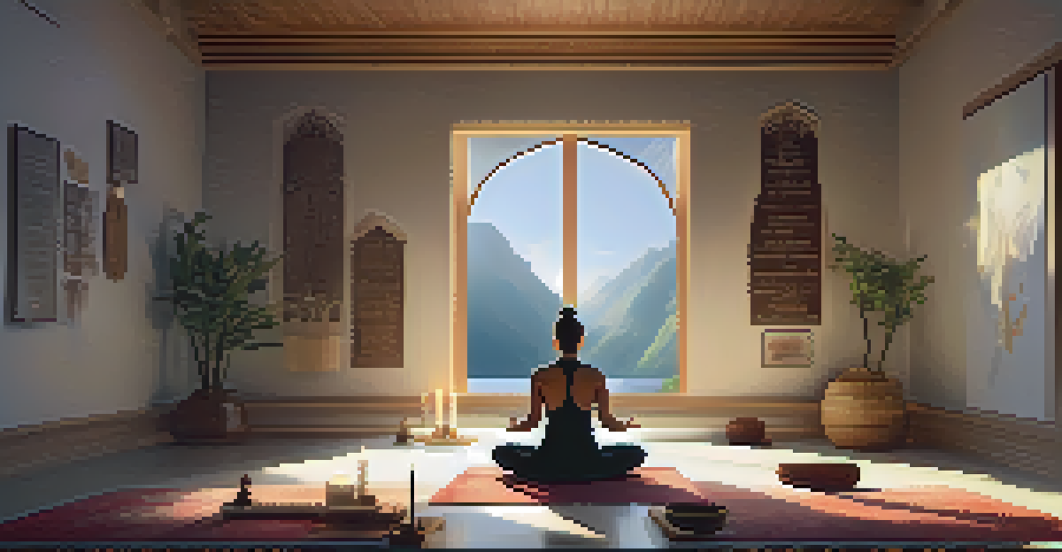 A person meditating on a yoga mat in a serene room with candles and crystals.