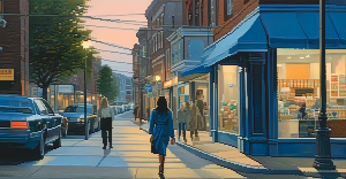 A woman walking confidently in a well-lit urban area at twilight, surrounded by shops and people.