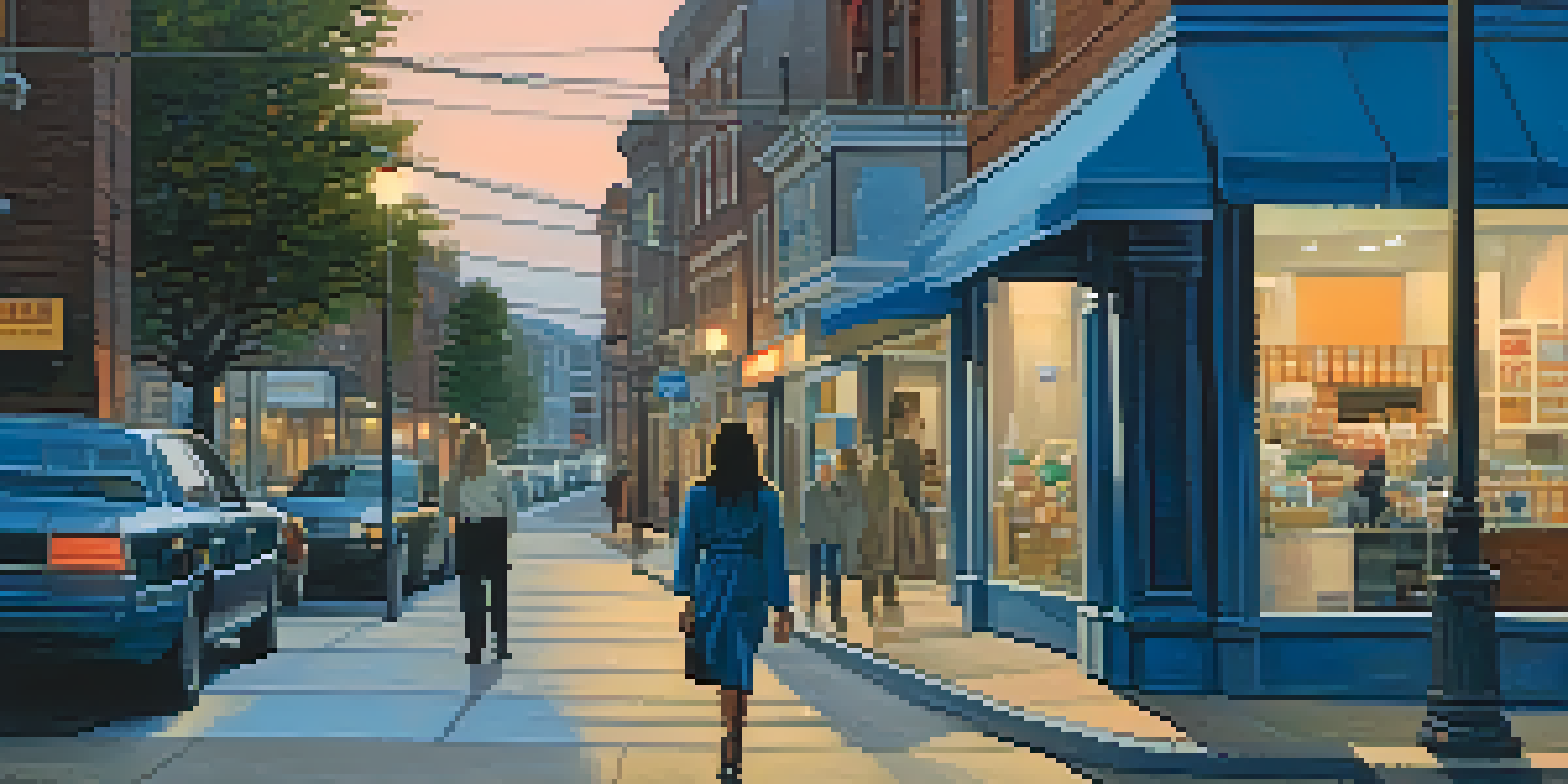 A woman walking confidently in a well-lit urban area at twilight, surrounded by shops and people.
