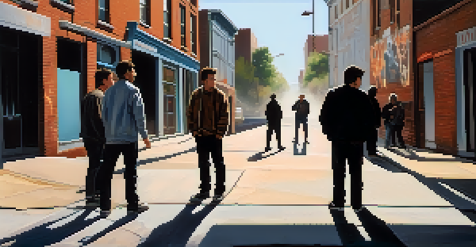 A group of friends on a city street, some encouraging confrontation while others look worried, with dramatic lighting and a graffiti wall in the background.