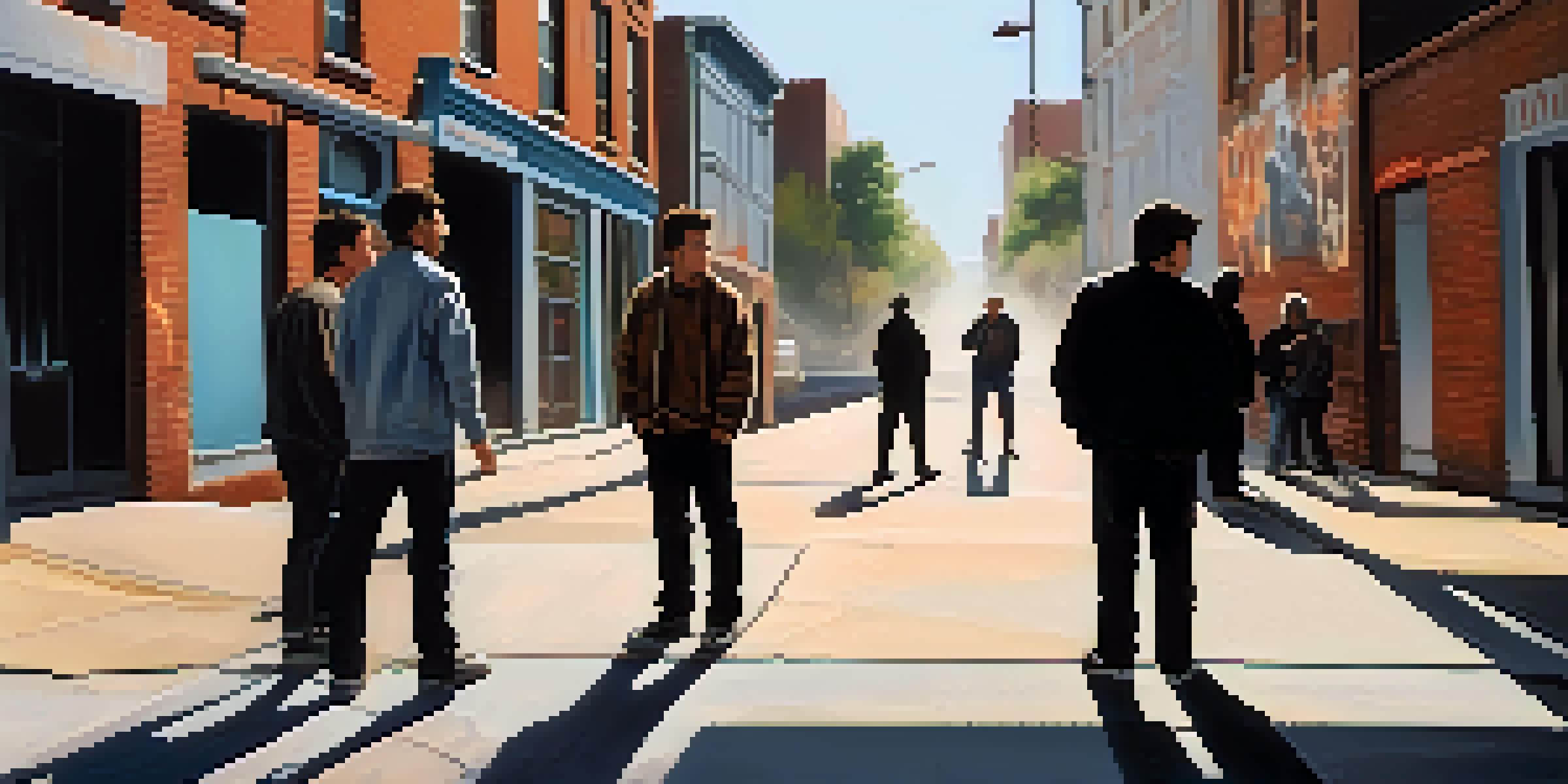 A group of friends on a city street, some encouraging confrontation while others look worried, with dramatic lighting and a graffiti wall in the background.