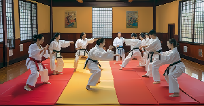 A diverse group of individuals engaged in a self-defense training session, demonstrating various martial arts techniques in a brightly lit dojo.