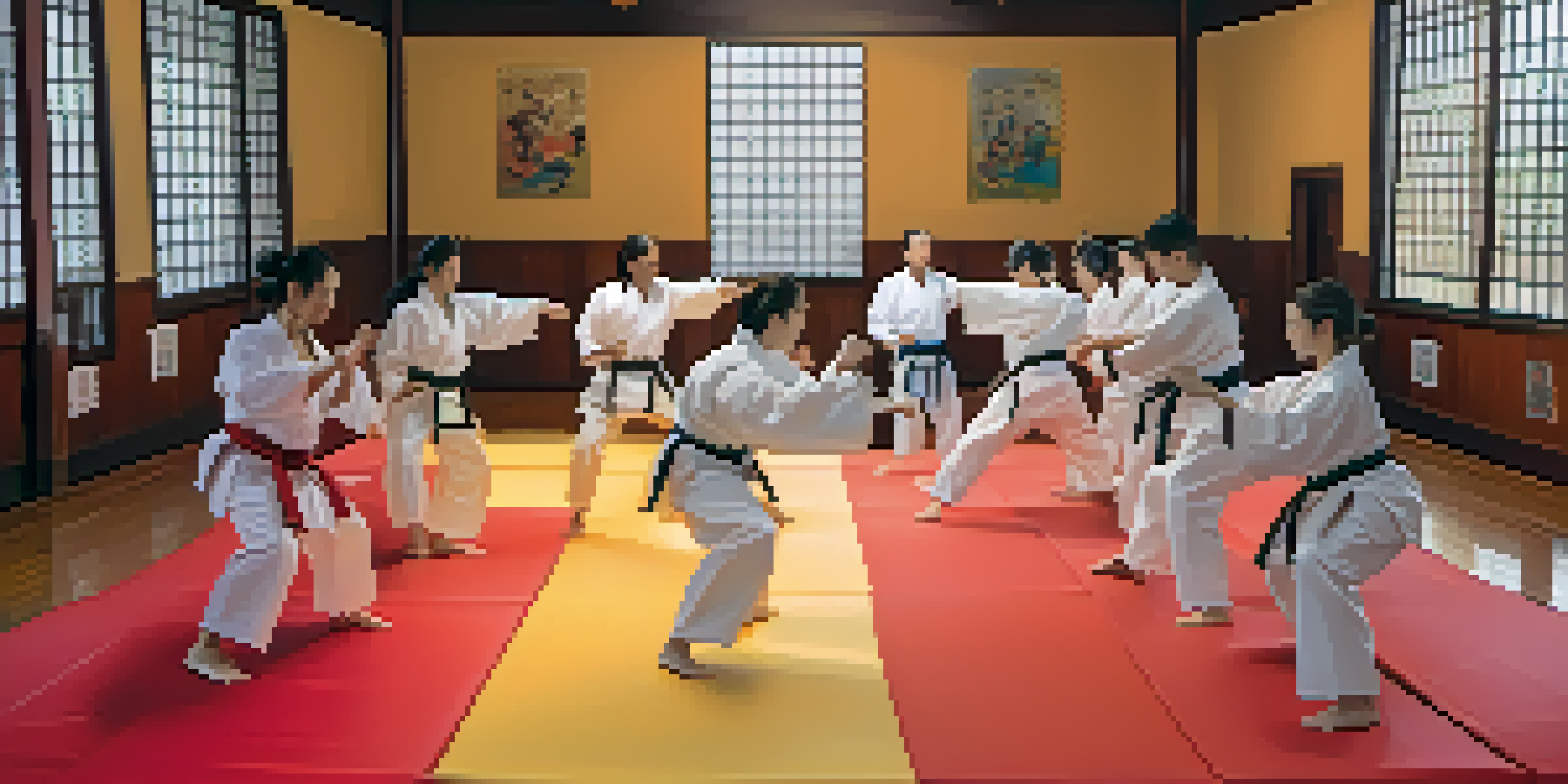 A diverse group of individuals engaged in a self-defense training session, demonstrating various martial arts techniques in a brightly lit dojo.