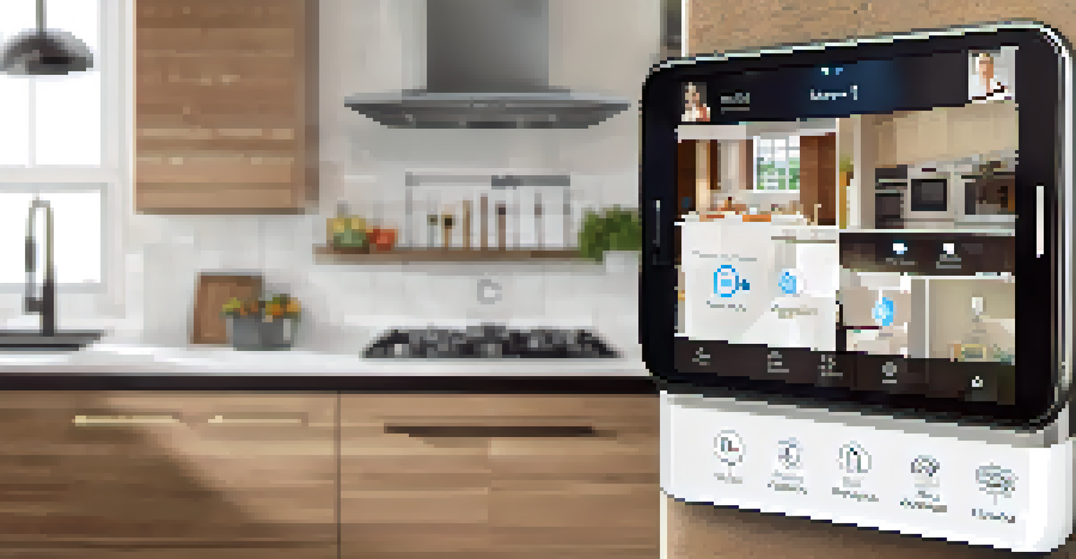 A close-up of a smartphone with a home security app showing alerts, set against a modern kitchen background.