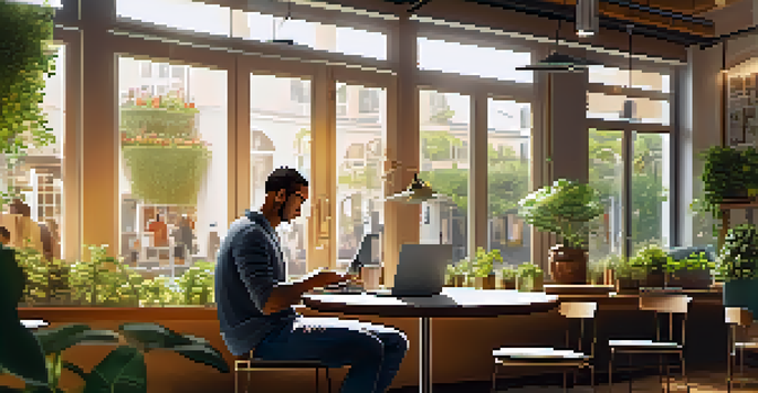 A remote worker at a café, using a laptop and a personal safety app on their phone, surrounded by a bright and cozy environment.
