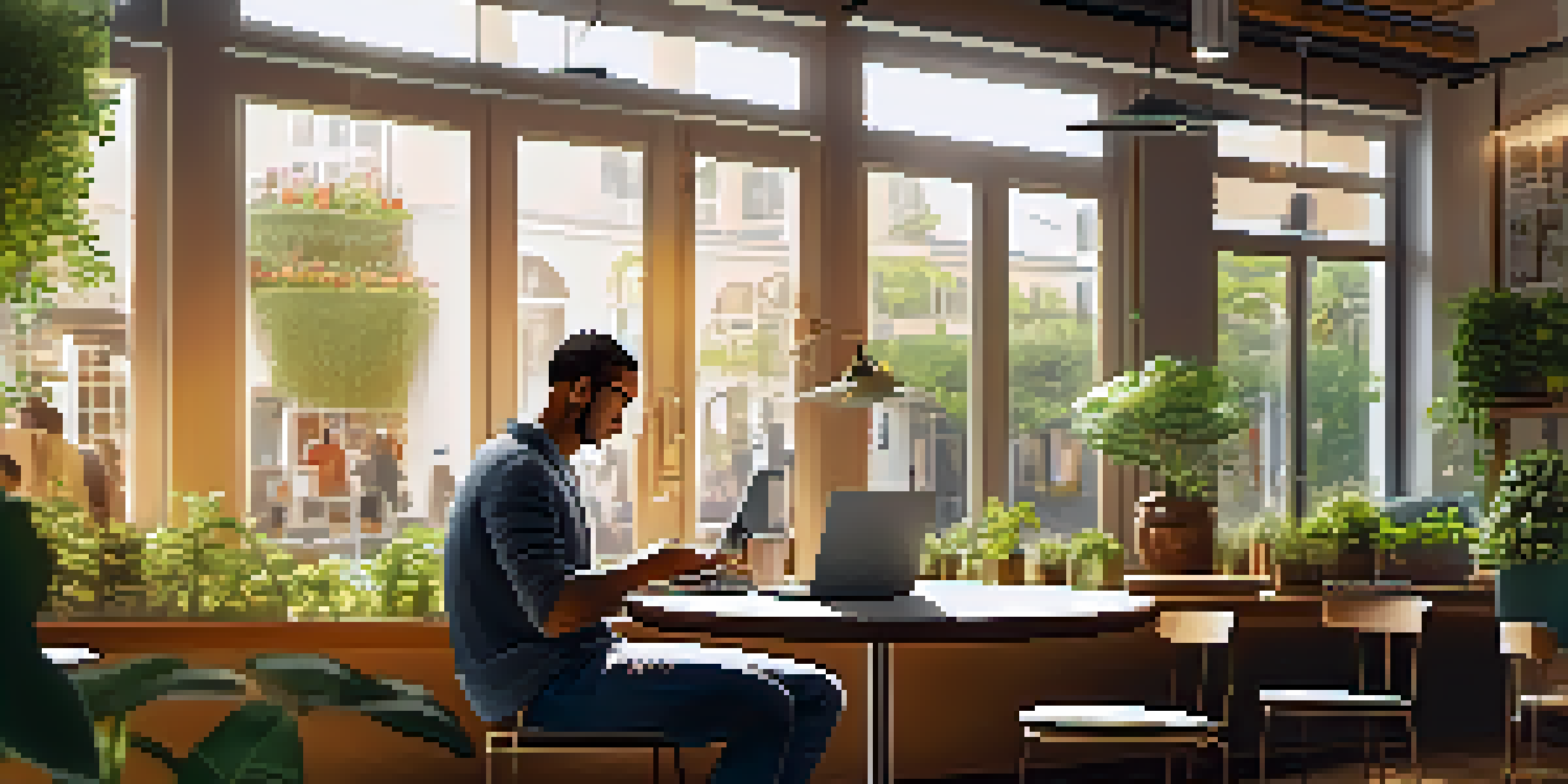 A remote worker at a café, using a laptop and a personal safety app on their phone, surrounded by a bright and cozy environment.