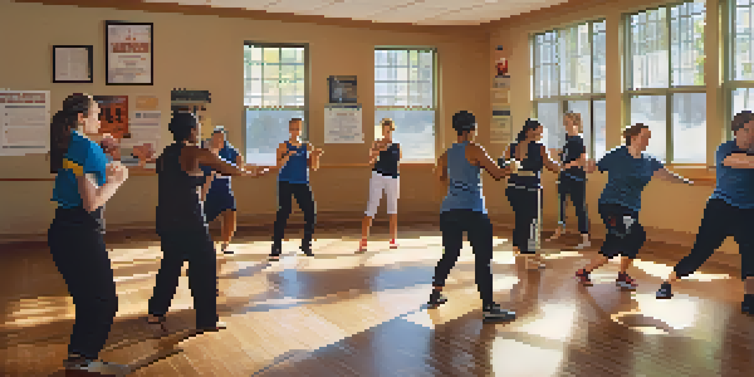 A diverse group practicing self-defense in a community center, with a woman learning an escape technique and a supportive instructor.