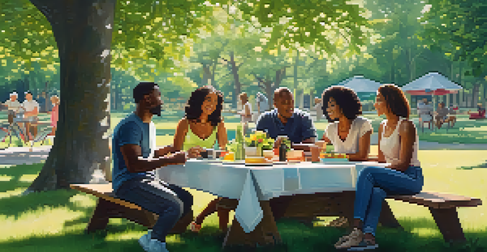 A diverse group of people having a peaceful conversation in a park, with trees and flowers around them.