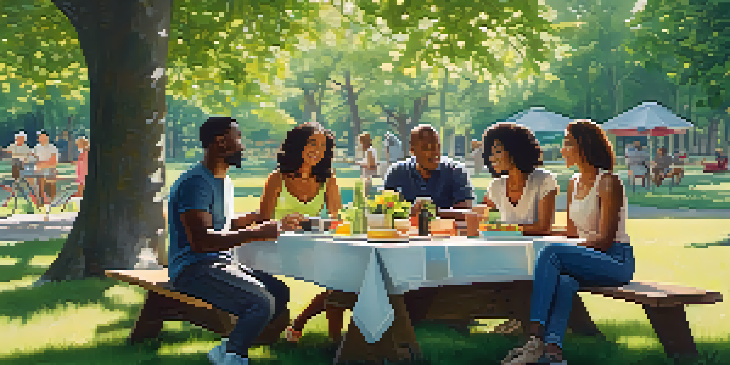 A diverse group of people having a peaceful conversation in a park, with trees and flowers around them.
