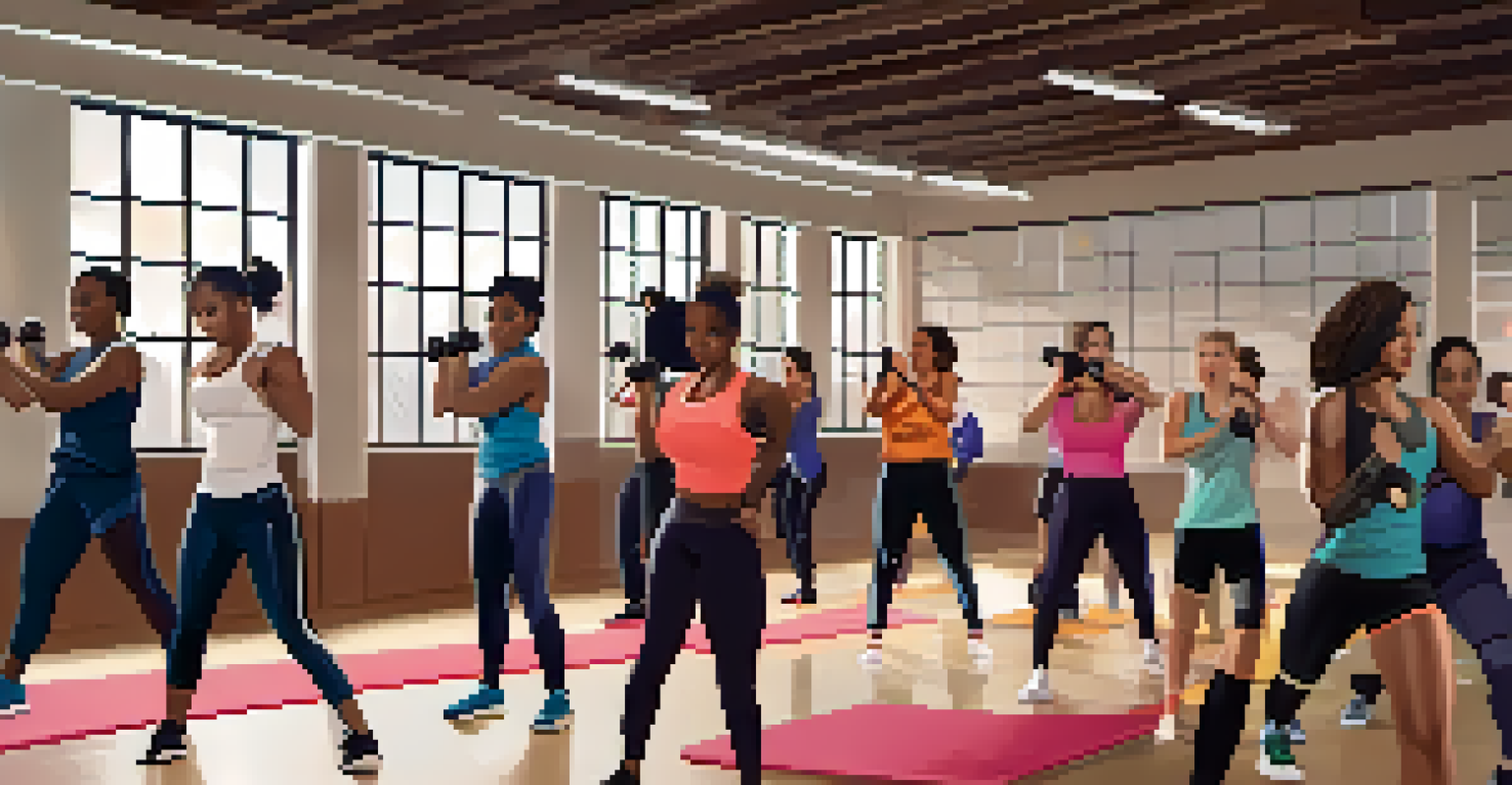 A diverse group of individuals practicing self-defense techniques in a vibrant gym setting, with motivational posters and mirrors around them.