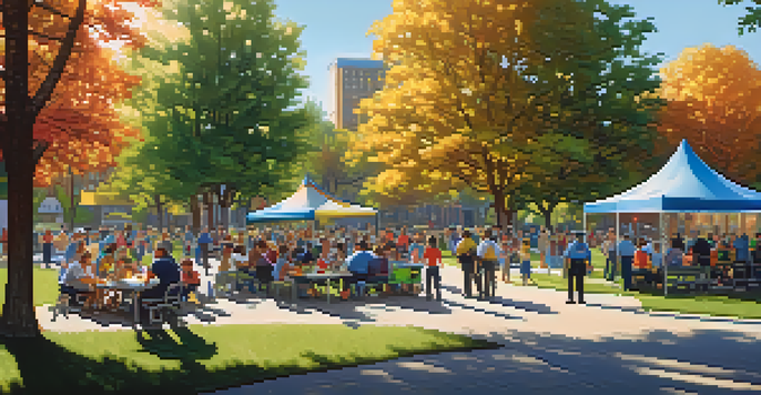 A vibrant community event in a park where residents are interacting with friendly police officers, surrounded by families and colorful decorations.