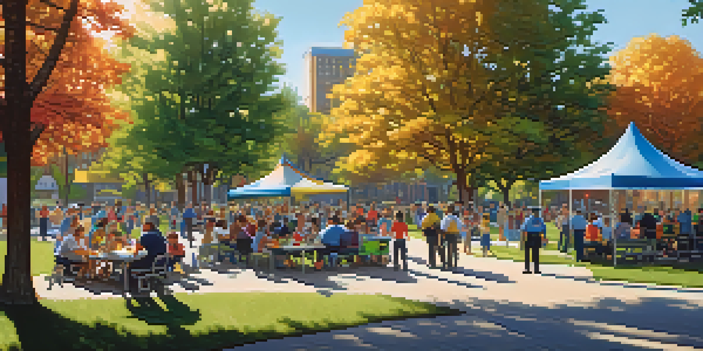 A vibrant community event in a park where residents are interacting with friendly police officers, surrounded by families and colorful decorations.