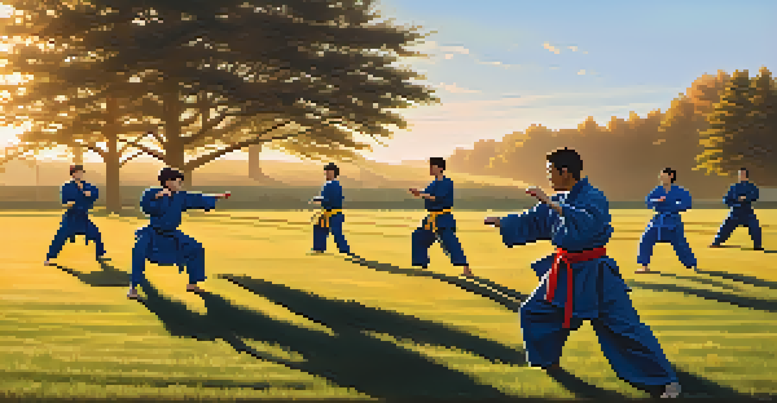 A group of students practicing martial arts outdoors at sunrise, with warm light and clear skies.