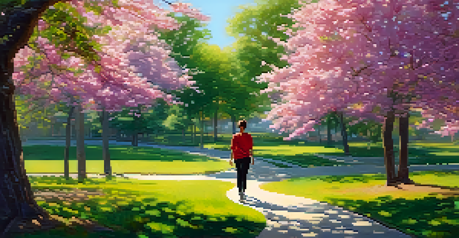A confident person walking through a colorful park, representing empowerment from self-defense training.