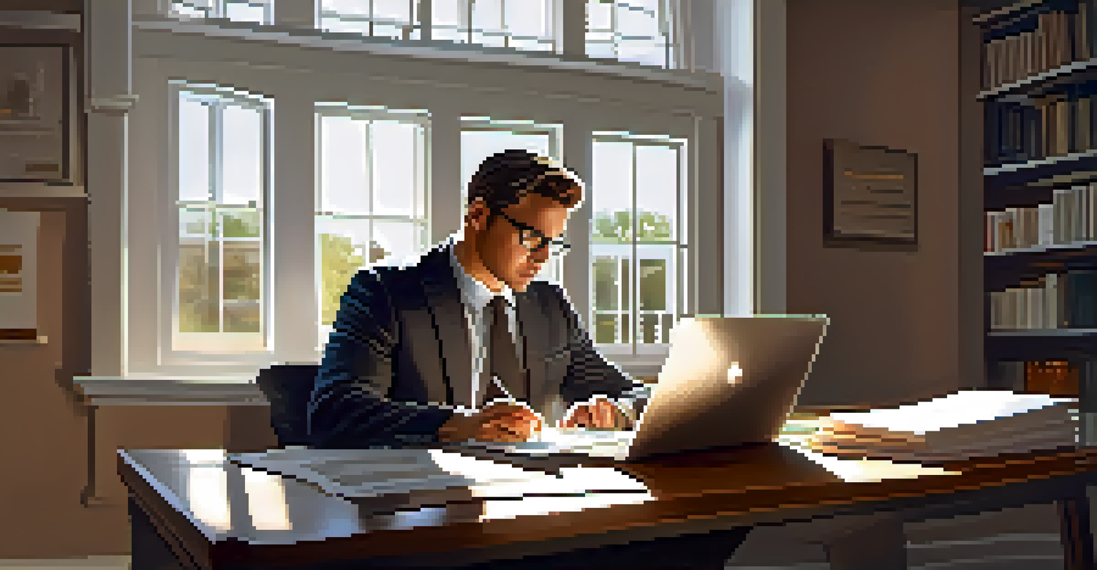 A person studying self-defense laws at a desk with legal documents, a laptop, and natural light coming through a window.