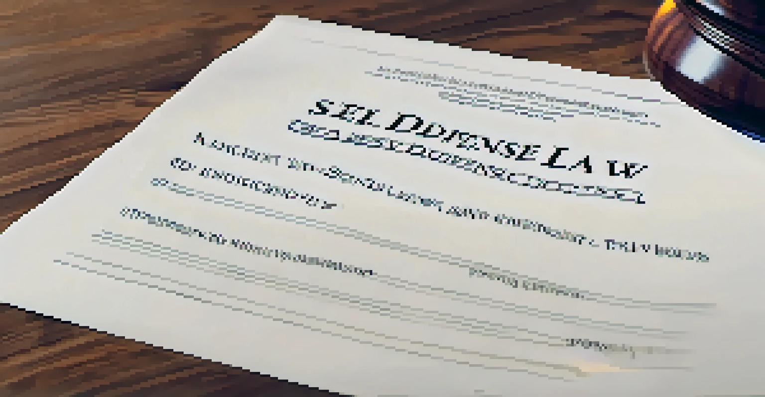 A close-up of a legal document titled 'Self Defense Law' on a desk with a gavel and reading glasses.