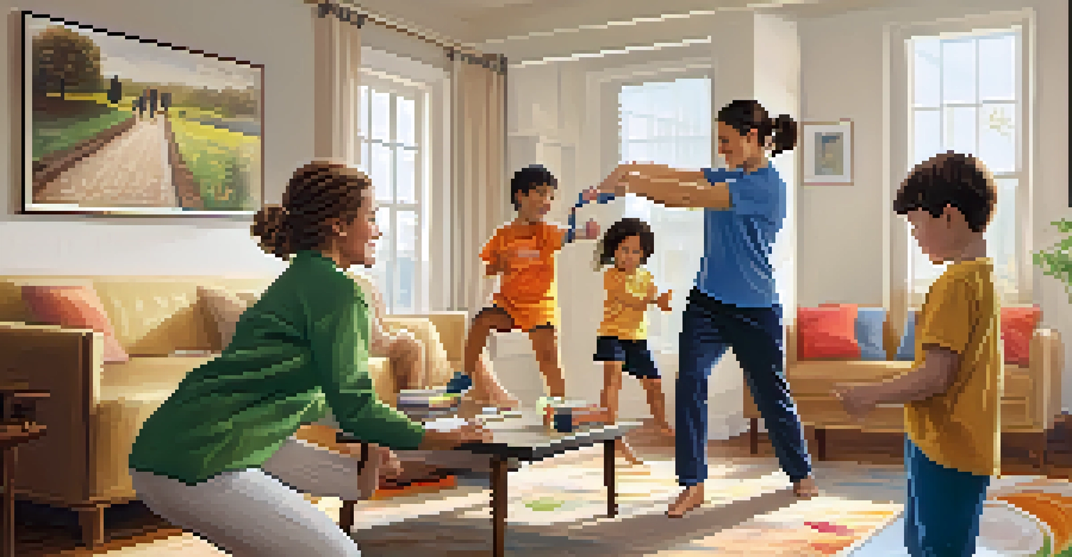A family practicing self-defense techniques in a cozy living room.