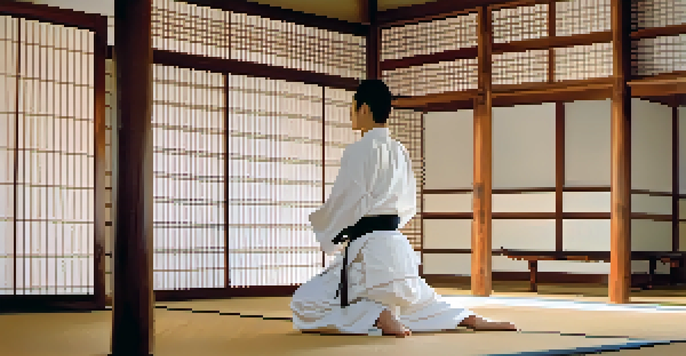 Aikido practitioner demonstrating techniques in a peaceful dojo with soft lighting and traditional decor.