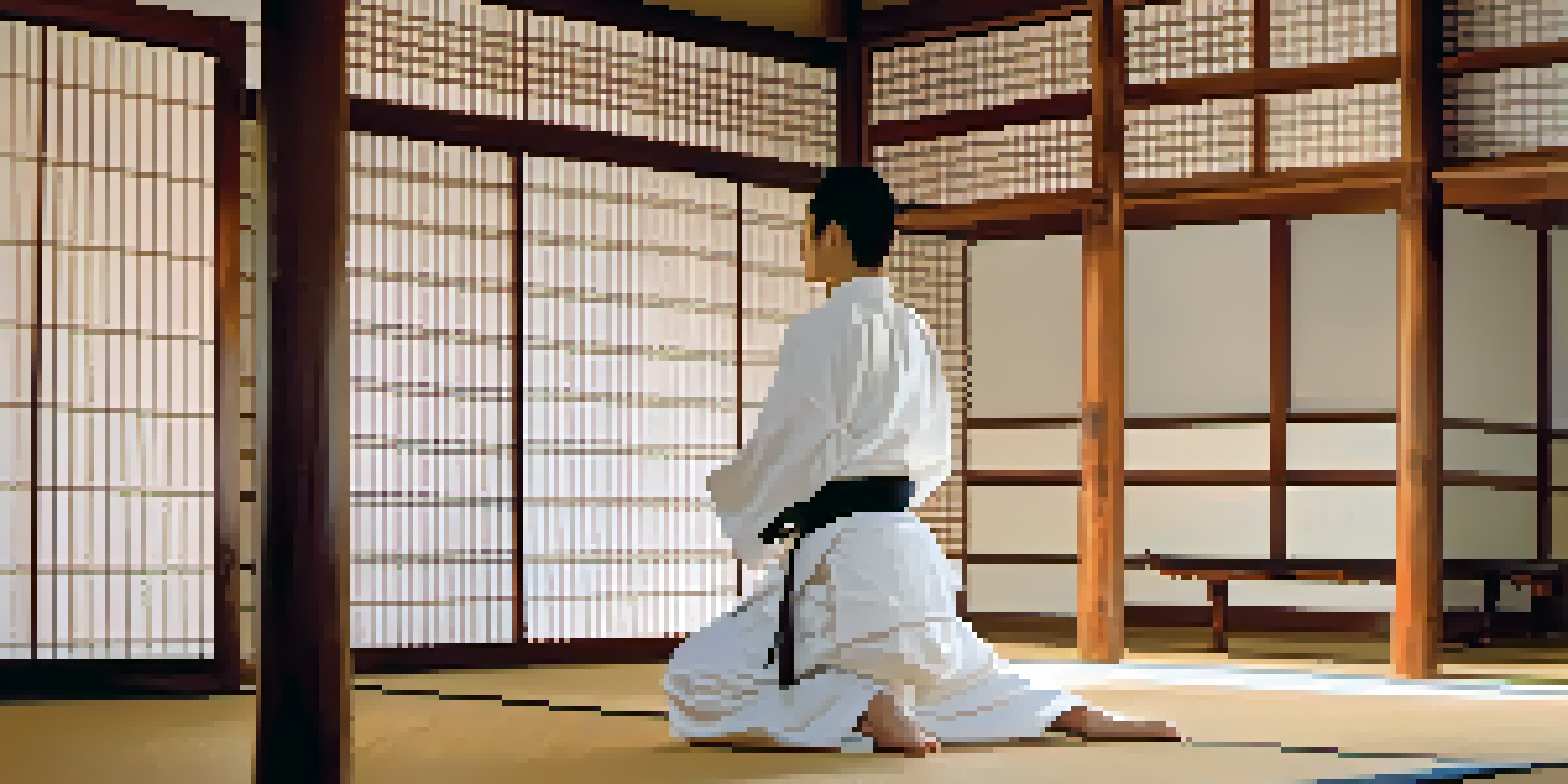 Aikido practitioner demonstrating techniques in a peaceful dojo with soft lighting and traditional decor.