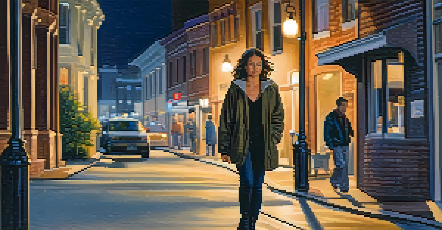 A woman walking in an urban area at dusk, with a pepper spray attached to her keychain under warm street lights.